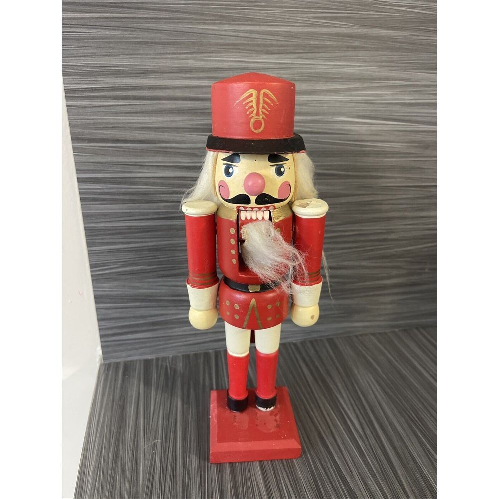 Vintage Wood Nutcracker Soldier Red Uniform Laced Boots‎ Sword 10" Tall 1990